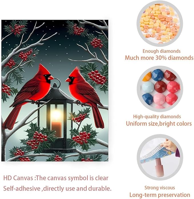 GUAIEUW Candle Flame Red Bird Diamond Painting Kit for Adults, Full Round Diamond Cardinal Bird 5D Diamond Painting DIY Art Crafts for Winter Home Wall Decor Holiday Gift 12x18 Inch