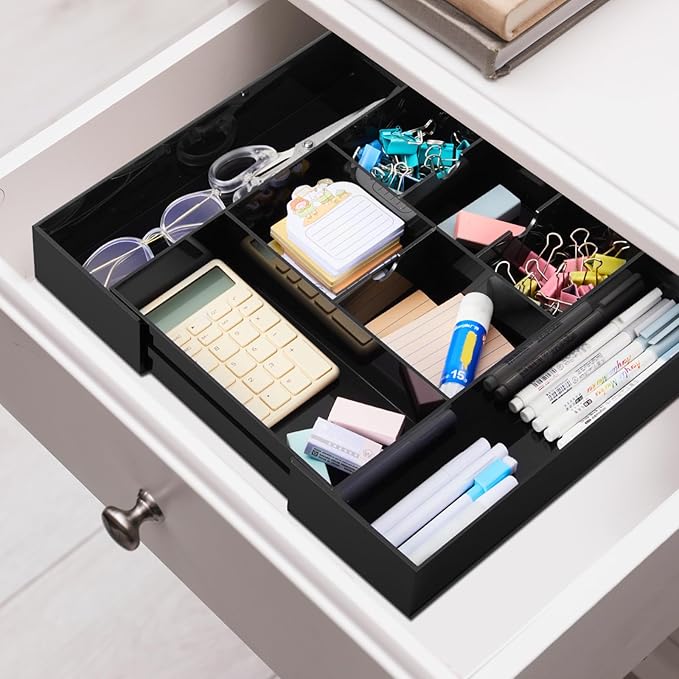 Briwooody 1 Pcs Acrylic Desk Drawer Organizer 9'' up to 18'' x 12'' x 2.1'' Expandable Drawer Organizer Trays with 8 Adjustable Compartments Black Desk Accessories for Makeup Office Bathroom