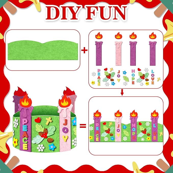 Lyrow 24 Pack Advent Wreath Craft Kit for Kids Christmas Felt Advent Crafts Xmas DIY Stand Wreath and Candles Set Wreaths Making Kit Bulk for Home Activities Supplies Classroom Sunday School Holiday