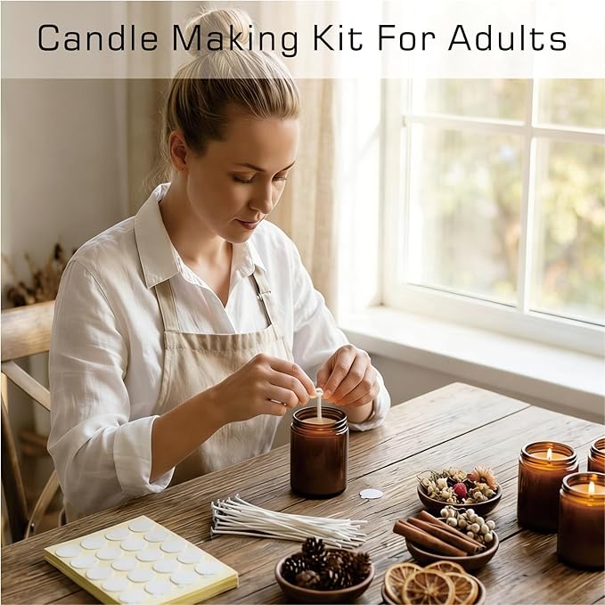 221pcs Candle Making Kit ，with Complete Tool Set：50pcs 4in and 50pcs 6in Cotton Wicks，3Color Dyes，1pack Dries Flowers，5pcs Wick Holders，100pcs Wick Stickers etc for Adults Beginners，Craft Gifts