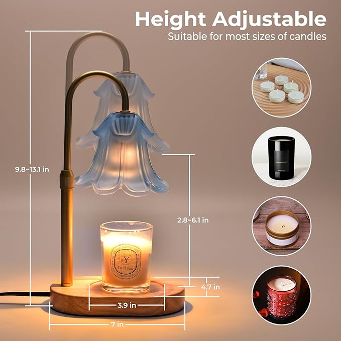 Candle Warmer Lamp with Timer Dimmable, Wax Melt Warmer Adjustable Height, Flower Warmer Lamp with 2 Bulbs for Jar Candles, House Warming New Home Decor, Gift for Mom Women (Blue)