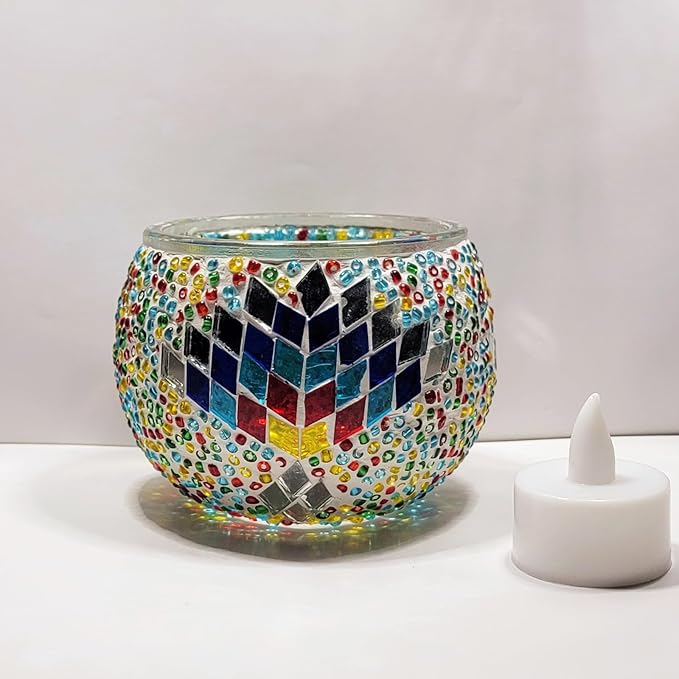 wpdash Romantic Turkish Mosaic Candle Holder Handmade Round Glass Decorative Tealight Holder for Living Room Ornament Kid' Bedroom Decoration DIY Handmade Craft Kit