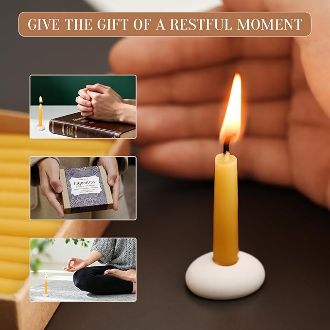 DEYBBY 20 Minute Beeswax Meditation Candles for Happiness - 24pcs Mini Beeswax Taper Candle Gift Set with 2 Small Candle Holders