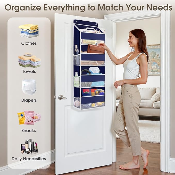 SpaceHacks 1 Pack Over The Door Organizer, Hanging Storage Organizer with Clear Window, 40lb Ultra Sturdy Large Capacity Room Organizer for Pantry Laundry Bathroom Nursery Closet (Blue)