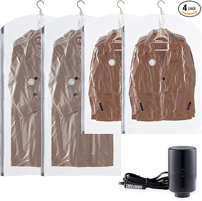 TAILI Hanging Vacuum Sealer Storage Space Saver Bags with Electric Air Pump for Clothing Travel, for Coats, Closet Organizers, 2 Long 2 Short Clear