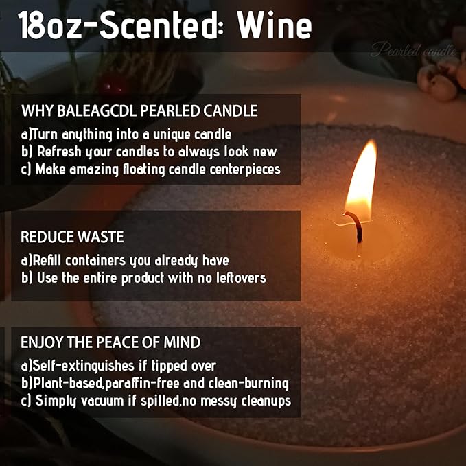 Vineyard White Pearled Candle 18 Oz (1.1lb) - 30 Wicks Wine Scented Sand Candles | 120-Hour Clean Burning Refillable Wax for DIY Candle Making (White)