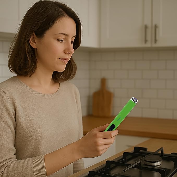 FIGHTSENSE USB Rechargeable Candle Lighter,Plasma Arc Windproof Flameless Long Electric Lighter with Safety Switch,LED Battery Display,Used for BBQ Fireplace,Camping,Stove Kitchen (Green)