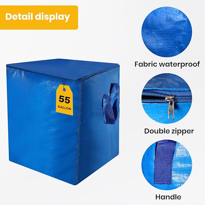 2 Pack 55-Gallon Heavy Duty Moving Bags, Large Storage Totes with Zipper, Alternative to Moving Boxes for Storage, Seasonal Clothes, Student Moving, College Dorm (Blue)