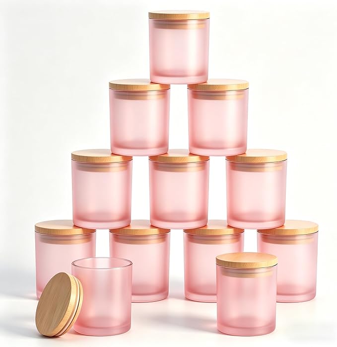 GLATABAM 10 OZ Candle Jars 12 Pack - Bulk Glass Candle Making Jars with Bamboo Lids & Labels, Heat Resistant Empty Reusable Candle Vessel for Containers(Frosted Powder)
