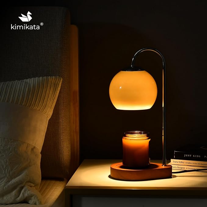 Modern Candle Warmer Lamp with Timer and Dimmer, Dimmable Electric Candle Lamp Warmer, Wax Melt Warmer, Glass with Wood Base, Home Decor Gifts 2 Bulbs Included (Brown and Stained Wood Base)