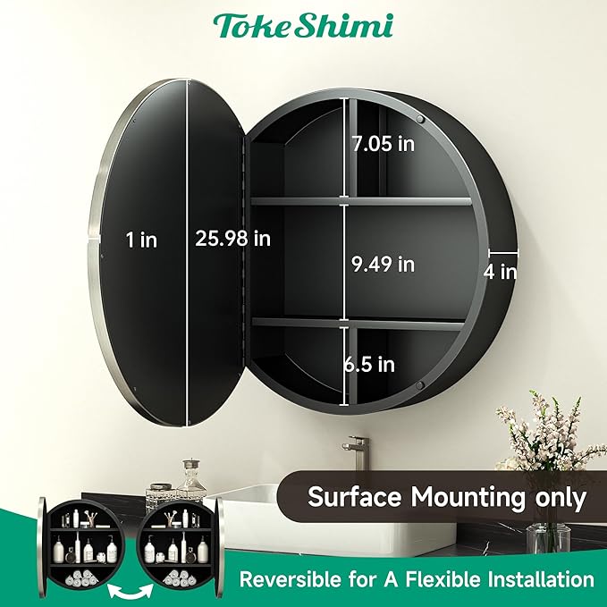 TokeShimi 26 x 26 Round Medicine Cabinet with Mirror, Brushed Nickel Circular Bathroom Medicine Cabinet with Stainless Steel Metal Frame, Detachable Shelves, Shatterproof, Wall Mounted Only