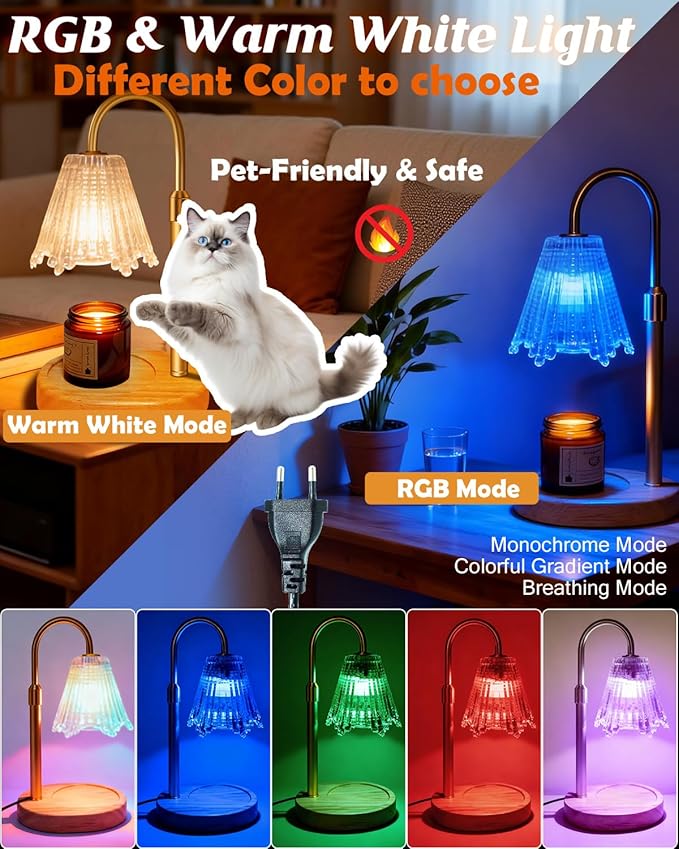 RGB Candle Warmer Lamp with Timer, Dimmer Adjustable Height Candle Melt Lamp Gold Flower Wax Warmer for Wax Melt Birthday Gift for Women Home Office Decor Multi-Color RGB Included 2 Bulbs