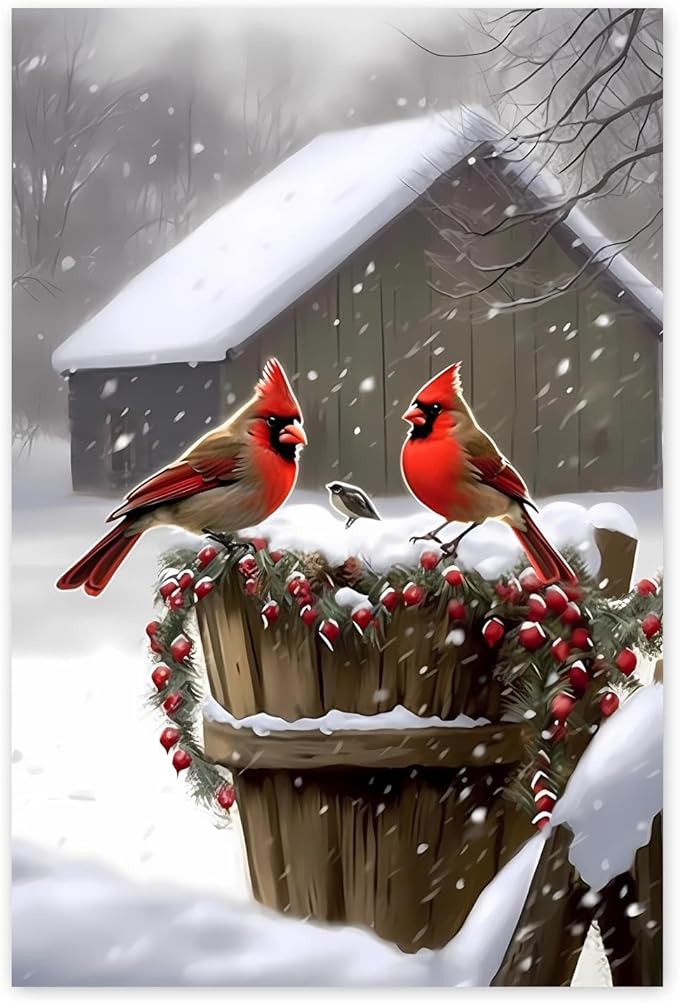 GUAIEUW Snow Lodge Redbird Diamond Painting Kit for Adults, Full Round Diamond Cardinal Bird 5D Diamond Painting DIY Art Crafts for Winter Home Wall Decor Holiday Gift 20x24 Inch