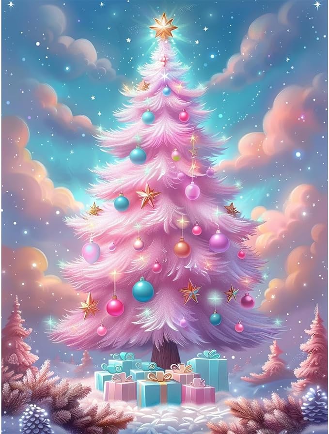 DOMROM Christmas Diamond Painting Kits, Pink Christmas Tree 5D Diamond Art Kits,Gem Art Painting with Diamonds Dots, Arts and Crafts for Beginners Adult Wall Decor 12 x 16inch