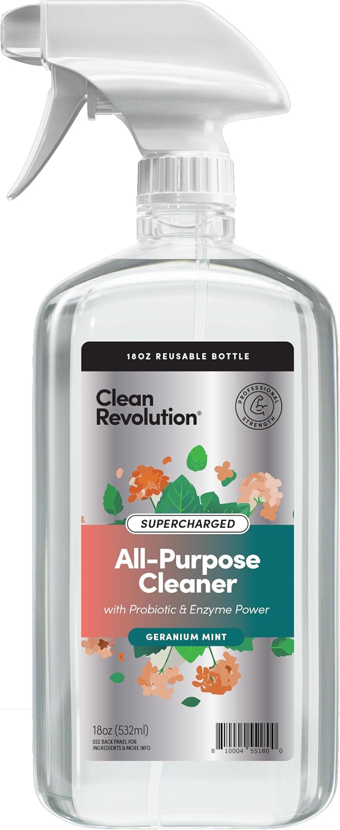 Clean Revolution SuperCharged All Purpose Cleaner Refill with Smart Probiotic + Enzyme Complex, Multi-Surface Kitchen Bathroom & Floor Cleaner, Geranium Mint, 18 Fl Oz