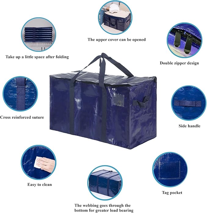 Extra Heavy Duty Large Moving Bags with Strong Zipper & Comfortable Handles, Sturdy & Durable Clothes Storage Bags Totes Bins, Dark Blue Packing Moving Boxes (2-pack)