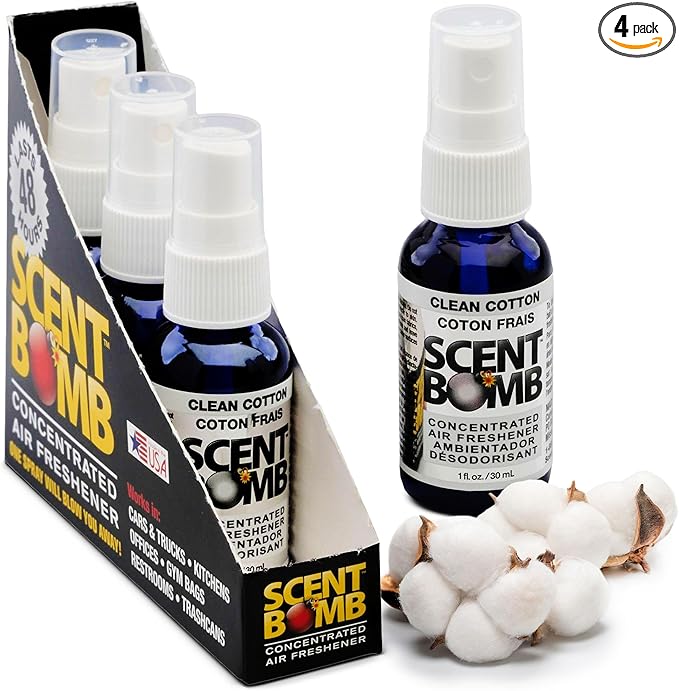 Scent Bomb Air Freshener Spray, Long-Lasting Odor Eliminator - Effective Deodorizer for Home & Car, Fresh Room Spray for Kitchen, Bathroom & Smell Neutralizer - 1 oz Pack of 4, Clean Cotton Scent