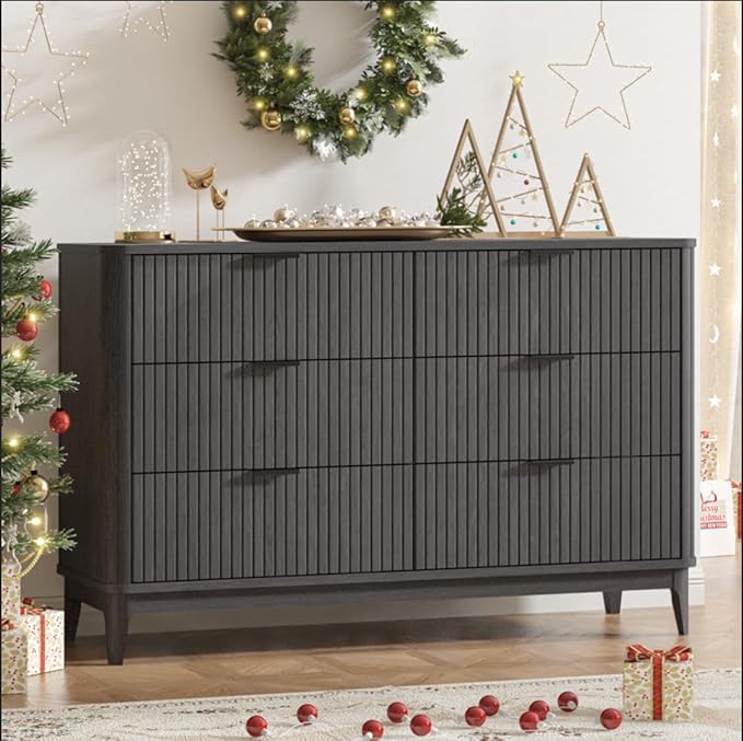 Fluted 6 Drawer Dresser for Bedroom,53'' Wide Large Closet Dresser 6 Chest of Drawers,Wooden Storage Organizer Drawer, Modern TV Stand for Bedroom, Living Room Hallway Black