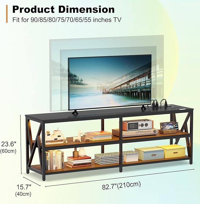 Lvifur 83“ LED TV Stand for 85 75 65 inch TV, Auto Sensor Entertainment Center with RGB Dimmable Lights, TV Console Table with Open Storage Shelves and Metal Frame (Black)