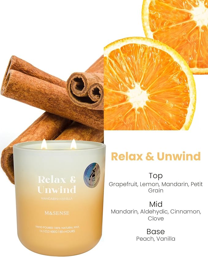 M&SENSE Mandarin Vanilla Candle for Home Scented, 14.1oz Non Toxic 80-Hour Long-Lasting Natural Soy Wax Highly Citrus Scent Aromatherapy Candle for Relaxing Stress Relief & Housewarming