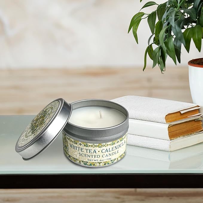 Greenwich Bay Hand-Poured Scented Candle in Decorative Tin – 4 oz/114 g Travel Candle with Lead-Free Wick, Vegetable Wax, Long-Burning Aromatherapy Gift, Single Wick – Made in USA (White Tea)