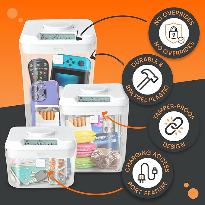 kSafe Time Locking Container XL – Tech Lock Box for Tablets, Game Controllers, Large Snack Bags, BPA-Free Plastic, No Overrides, 5.5” W x 10.4” L, White Lid, Clear Base