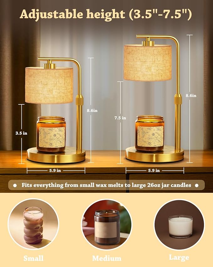 Candle Warmer Lamp with Timer Dimmer, Height Adjustable Candle Wax Warmer Candle Lamp for Jar Candles with 2 Bulbs, House Warming Gift for Home Room Decor, Birthday Gifts for Women Mom (Gold)