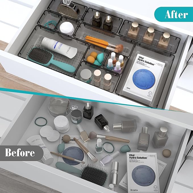 StorMiracle 33 PCS Clear Plastic Drawer Organizers Set, 4 Size Desk Drawer Organizer Trays for Makeup, Jewelry, Kitchen Utensils, Gadgets and Office Accessories, Black