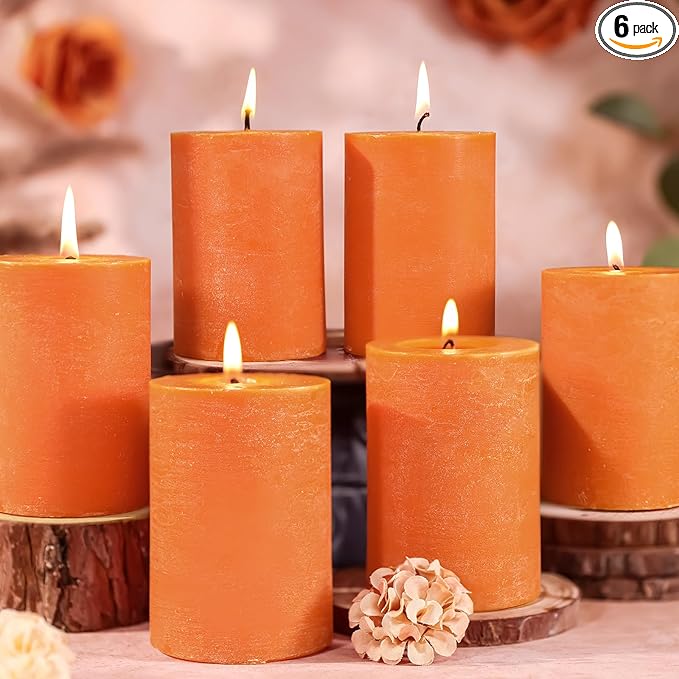 6 Pack Soy Pillar Candles,Natural Soybean Pillar Candles,330 H Long Lasting Burning-Unscented,Dripless and Smokeless Rustic Burnt Orange Hand-Poured Candles Dinner Table,for Wedding,Home 2.8x4in