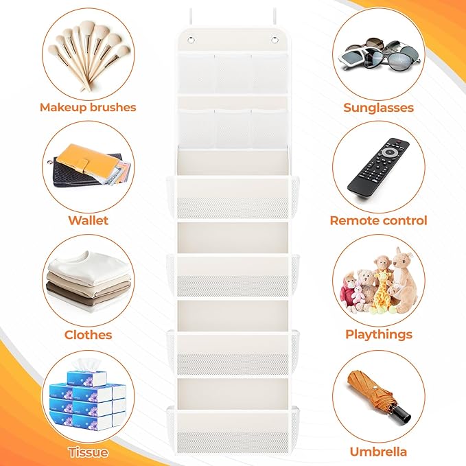 6-Tier Over the Door Organizer with Mesh Pockets, Baby Nursery Storage for Closet, Bathroom and Bedroom, Adjustable Hanging Closet Organizer for Cosmetics, Books and Essentials (Beige)