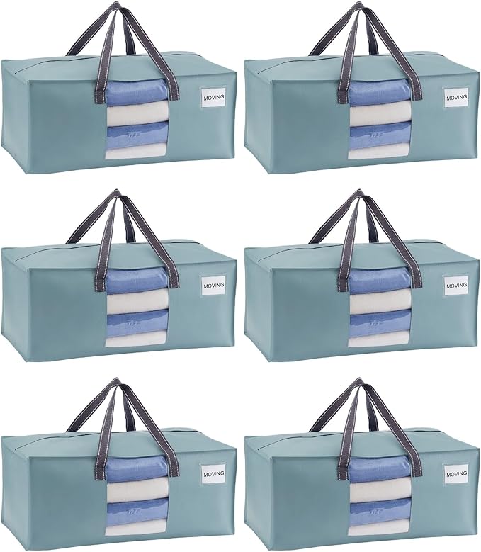 VENO 6 Pack Heavy Duty Moving Bags, Christmas Storage Bins with Lids, Transparent Window Design, Alternative to Moving Boxes, Storage Bags for Clothes, Blankets, Comforters (Light Blue Matte, 6 Pack)