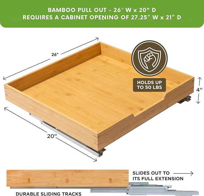 HOLDN’ STORAGE Bamboo Wooden Pull out Cabinet Organizer 26"W x 21"D Requires At Least a 27.25"W x 21"D Cabinet Opening W/Lifetime Limited Warranty, Bamboo Tray and Heavy Gauge Metal Rails