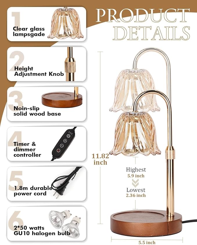 Candle Warmer Lamp, Gold Candle Lamp Warmer with Timer & Dimmer with 2 Bulbs, Birthday Gifts for Women Mom, House Warming Gift New Home Bedroom Decor, Height Adjustable