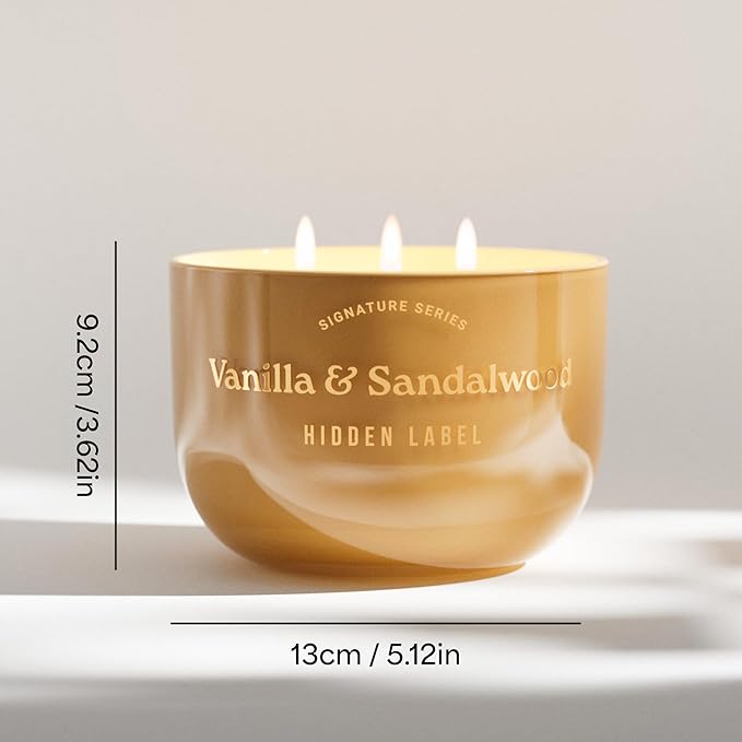 Hidden Label Vanilla Sandalwood Scented Candle, 18oz Large 3 Wick Natural Soy Wax Candle, 70 Hours Burn Time Non Toxic Aromatherapy Candle for Home, Luxury Home Décor & Gift for Women