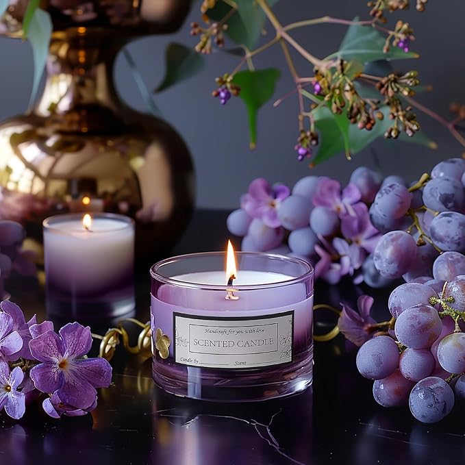CONNOO 15 Pack 4 OZ Purple Glass Candle Jars with Airtight Bamboo Lids for Making Candles, Bulk Small Wide Mouth Empty Candle Containers with Sticky Warning Labels - Dishwasher Safe, Lavender