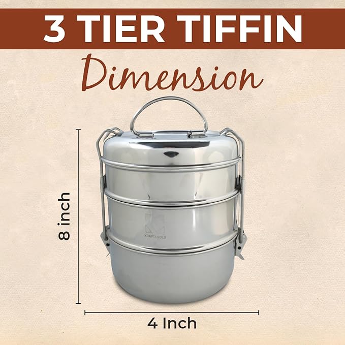 Indian-Tiffin Stainless Steel 3 Tier Large Lunch Box Snack Box/Food Container Airtight Leak Proof 3 Compartment Suitable for Office Use, Outdoor Lunches/Dining