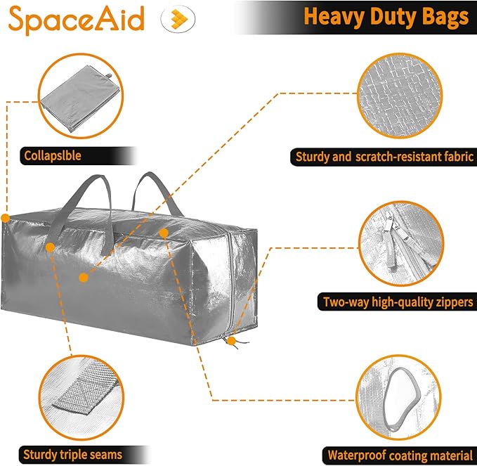 SpaceAid Heavy Duty Moving Bags, Extra Large Storage Totes W/Backpack Straps Strong Handles & Zippers, Alternative to Moving Boxes, Packing & Moving Supplies, Gley (8 Pack)