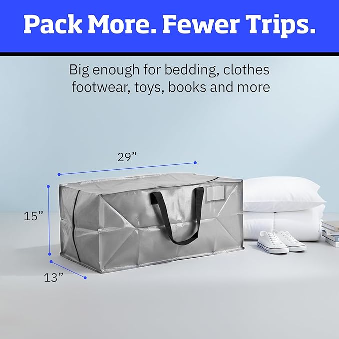 DURASACK Heavy Duty Moving Bag Storage Container Duffle Bag with Zipper, Reinforced Carry Straps and Backpack Straps, Made of Rugged Woven Polypropylene, Pack of 4, Gray