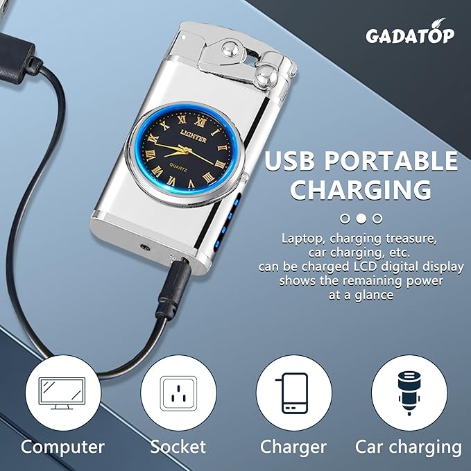 GADATOP Electric Lighter Rechargeable USB Lighter Flameless Windproof Lighters Personalized Creative Rocker Double Arc Plasma Lighters with Luminous Dial LED for Men and Women Gifts (Silver Ice)