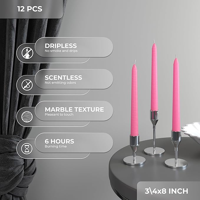 CANDWAX 8 inch Pink Taper Candles Set of 12 - Unscented Smokeless Dripless Tall Candlesticks - Perfect as Easter Candles and for Holidays, Ordinary Dinners and Special Occasions - Pink Candle Sticks