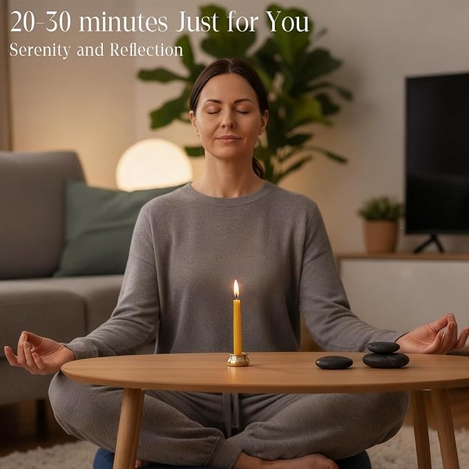 12 Packs Mini Beeswax Taper Candles, 20-30 Minute Meditation Candles with Brass Candle Holders, Dripless Mini Beeswax Prayer Candles Gift for Yoga Relaxation (12)