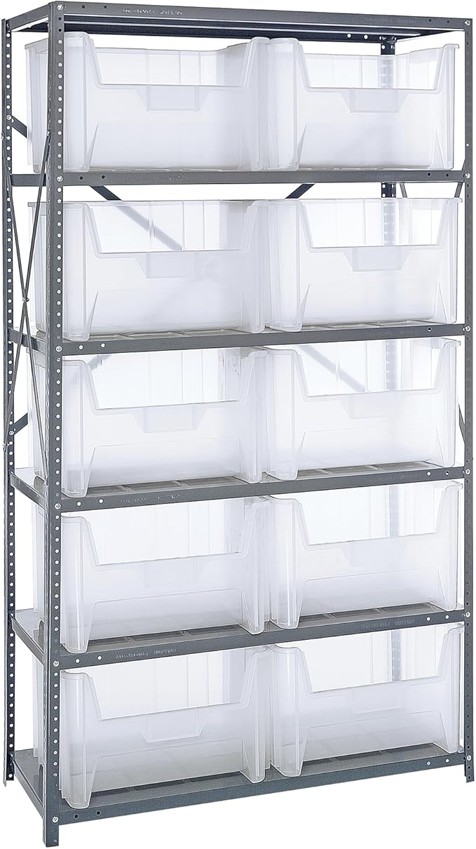 Quantum Storage Systems QSBU-700CL Clear-View Giant Stack 6-Shelf Steel Shelving Unit, 18" x 42" x 75" with 10 QGH700CL Bins, Clear