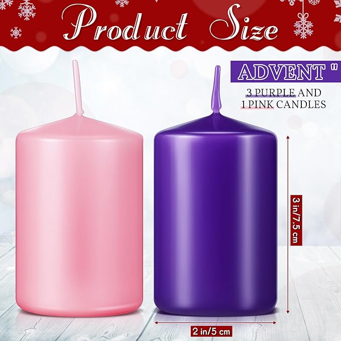 Amylove 4 Pcs 2 x 3 Inch Advent Pillar Candles Set Pink Purple Christmas Unscented Lasting Burning Church Candles for Advent Wreath Holiday Gifting