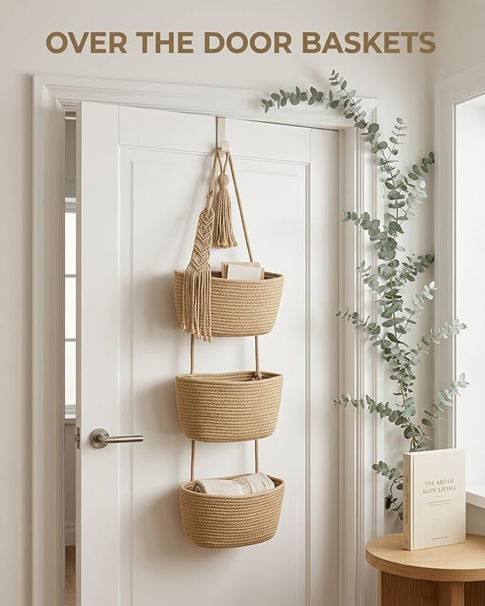 Over the Door Hanging Basket 3 Tier Woven Cotton Wall Mounted Storage Bag Boho Cottage Jute Baskets Kitchen Produce Organizer Vegetable Hang Wicker Closet Bathroom Decor Organizing Shelf(White)