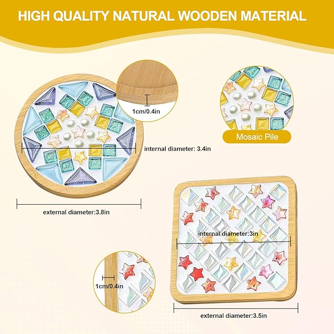 WATHFKCU 4 Sets DIY Glass Mosaic Tiles for Crafts,Mixed Color Mosaic Kits with Wooden Coaster for Adults,Mosaic Crafts Materials Package for Coaster Handmade Home Decor Gifts