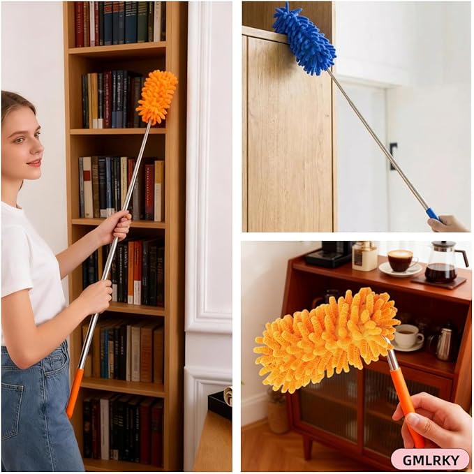 Microfiber Duster for Cleaning, GMLKRY Hand Washable Dusters with 3pcs Replaceable Microfiber Head, Extendable Pole, Detachable Cleaning Supplies for Office, Car, Window, Furniture (Blue)