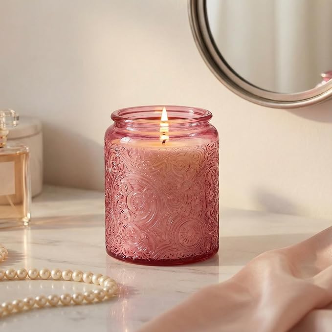 Art Secret 9-Pack 8oz Embossed Glass Candle Jars with Lids and Labels - Sun Moon Stars Design (Pink)