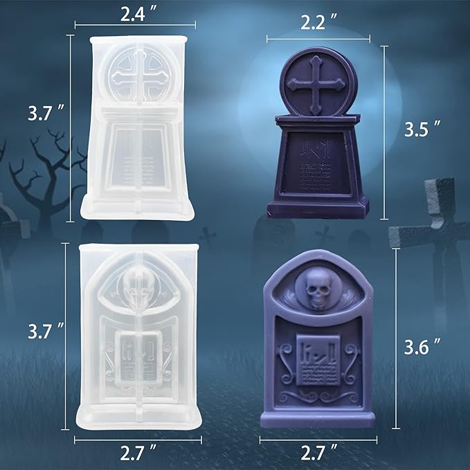 2 Pcs Tombstone Candle Mold Halloween Resin Casting Silicone Mold for DIY Aromatherapy Candles Wax Plaster Polymer Clay Decoration