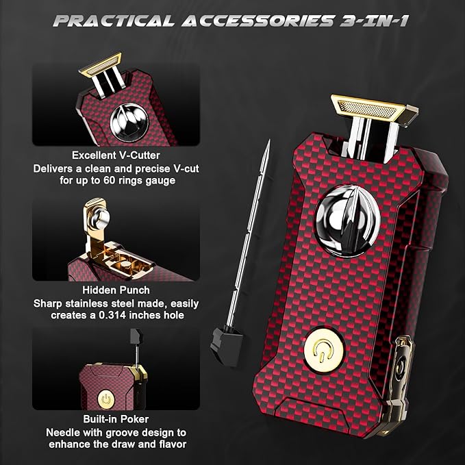 5-in-1 Torch Lighter with Cutter, Punch, Holder, and Draw Enhancer Tool, Adjustable Dual Jet Flames, Trendy Gift for Men, Refillable Butane Lighter, Rechargeable Lighters for Candle, Travel Outdoors