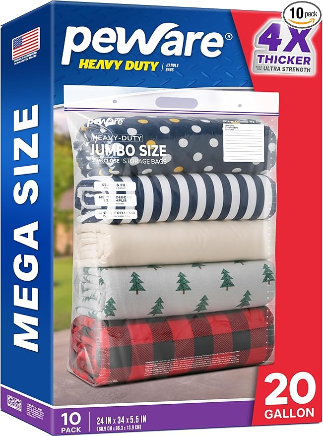20 Gallon Heavy Duty Jumbo Storage Bags with Handle – 24" x 34" Resealable Zipper Top, Oversized Storage Solution for Clothes, Food, Pillow, Bedding, Household, BPA-Free, Pack of 10, 6 Mil Thick